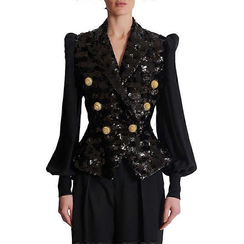 Women's Sequinned Cropped Black Patchwork Puff Sleeve Double-Breasted Blazer