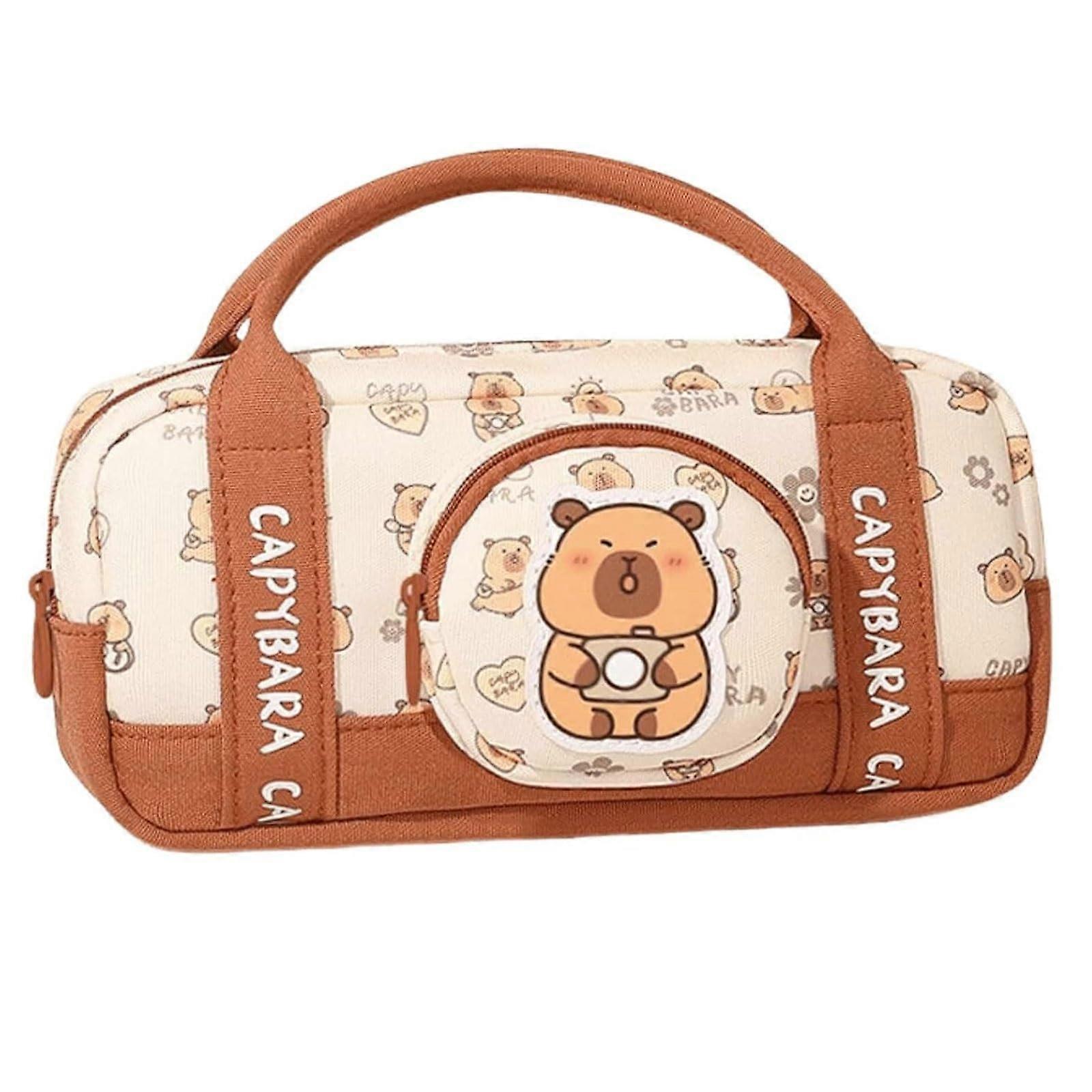 Large Pencil Case with Handle, Waterproof Canvas, Cute Capybara Design, Three Compartment Storage