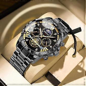 Waterdicht tot 30 meter, met vliegwielmechanisme, lichtgevende quartz uurwerk, kleur: zwart staal, zwart-gouden nagel.