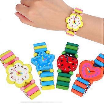 4pcs Kids Wooden Watch Toy Stretchy Watch Band Toy Creative Cartoon Watch Toy Wristband Environmental Toy (Random Pattern)