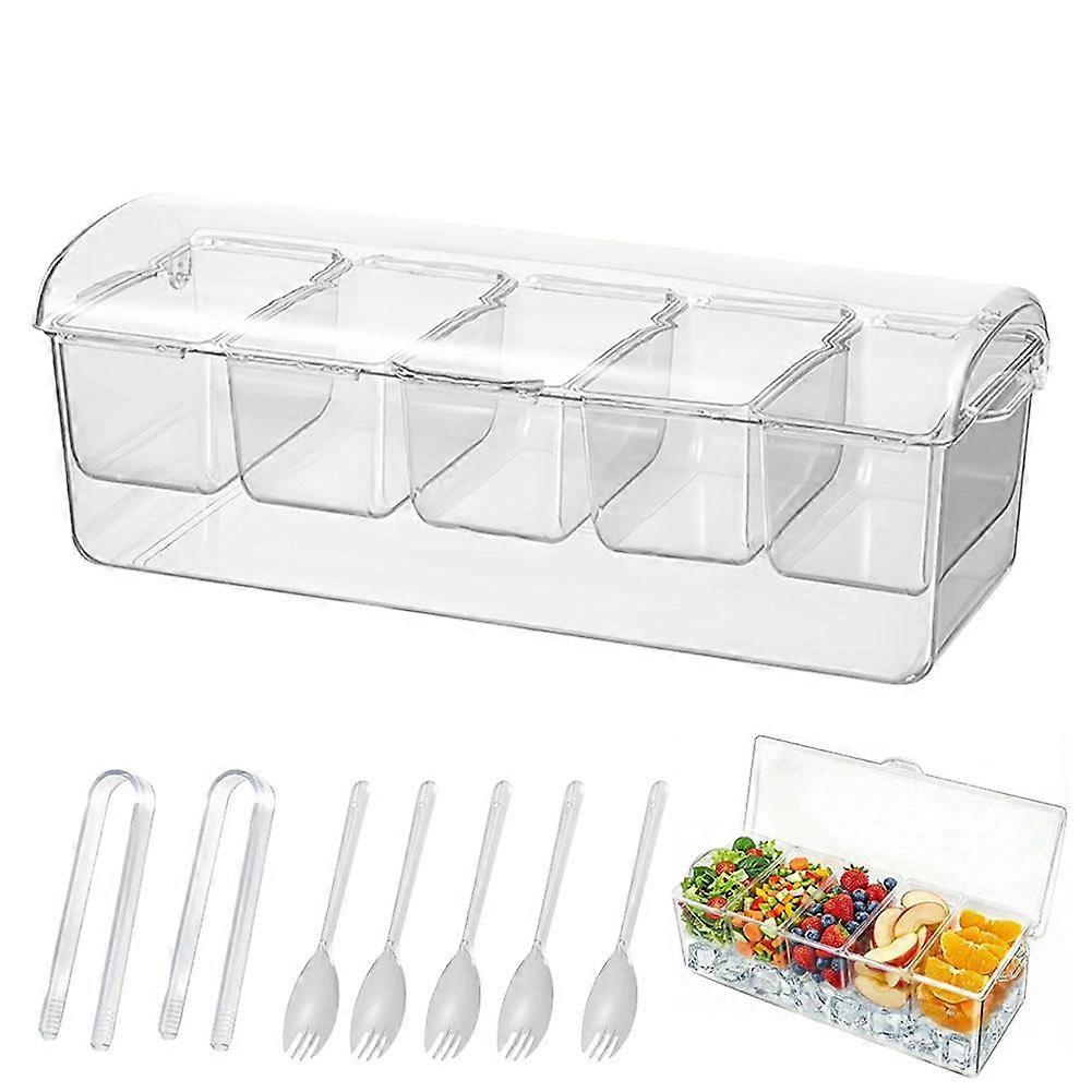 5-Compartment Chilled Garnish Server - Stackable Clear Buffet Tray with Removable Containers & Ice Cooling