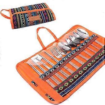 12-Piece Portable Outdoor Camping Tableware Set, Including Stainless Steel Chopsticks, Forks, Spoons and Matching Storage Picnic Bag
