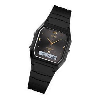 Montre homme carrée étanche avec double affichage 3 fuseaux horaires, bracelet confortable, idéale pour les trajets quotidiens, boîtier noir et argent.