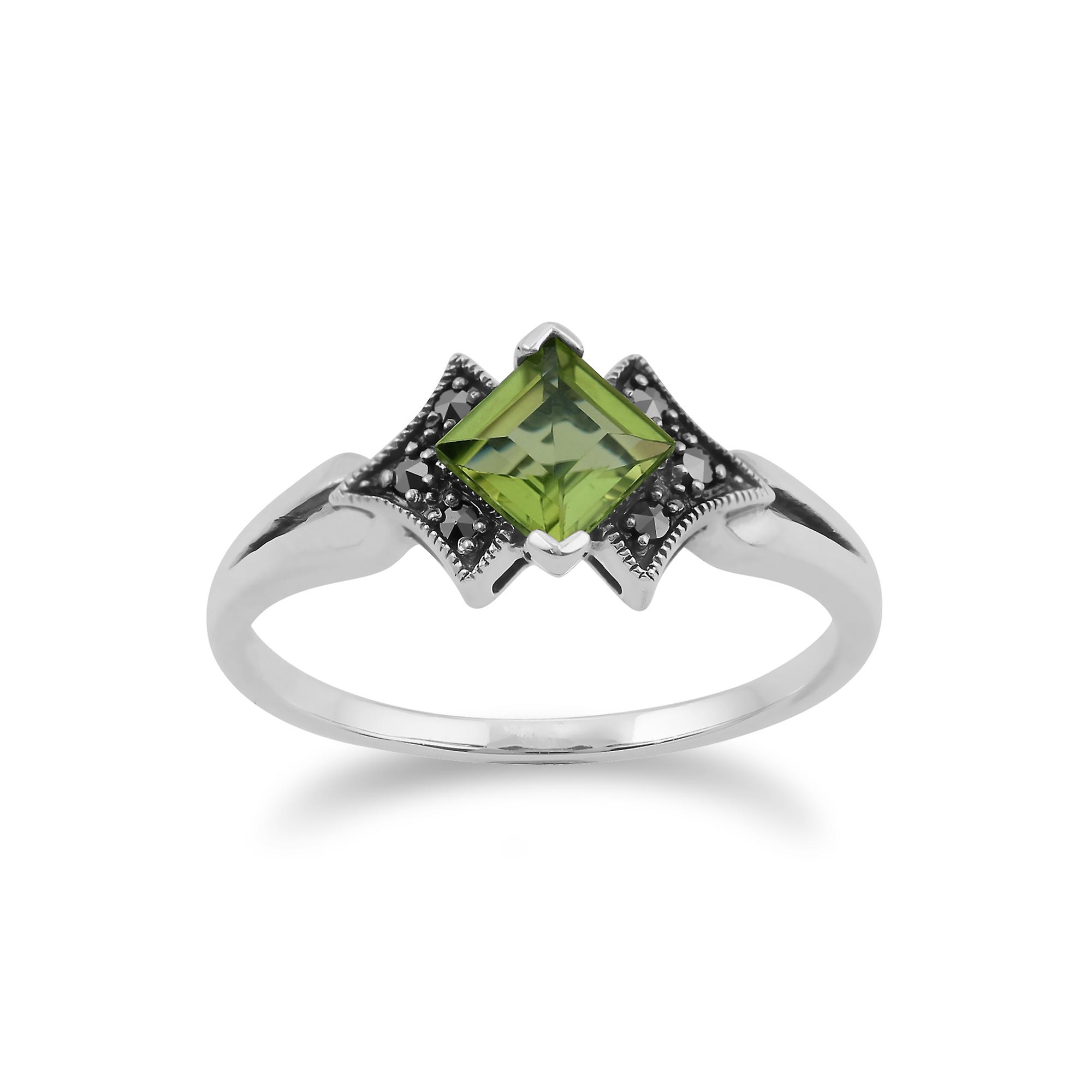 Art Deco Style Square Peridot & Marcasite Ring in 925 Sterling Silver 214R393304925