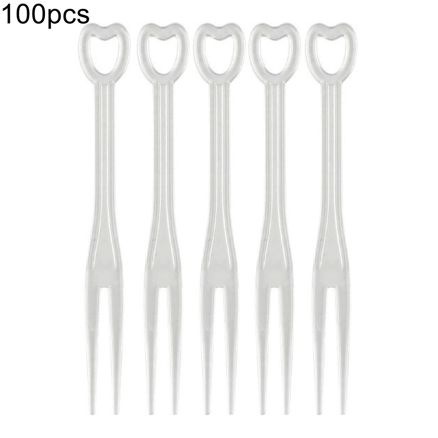 ZHOUBA 100Pcs/Set Disposable Fruit Fork Plastic Adorable Heart Shape Handle Dessert Fork for Home