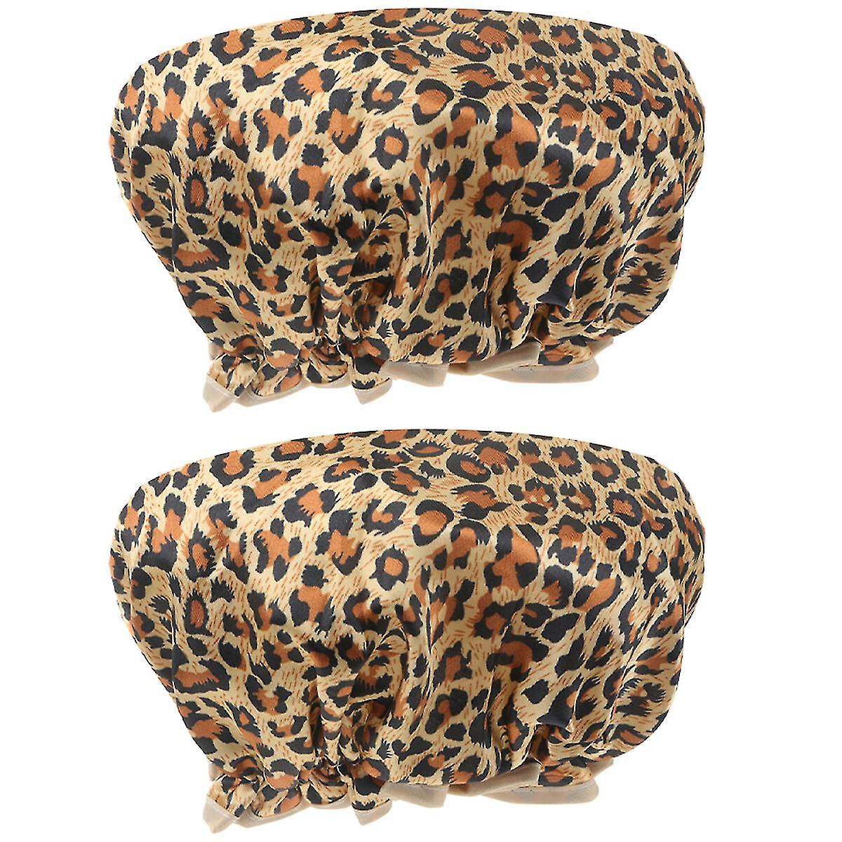 2pcs Shower Caps Double-layer Peva Waterproof Elastic Bathing Caps Hair Protective Caps (leopard Print)-dwdz