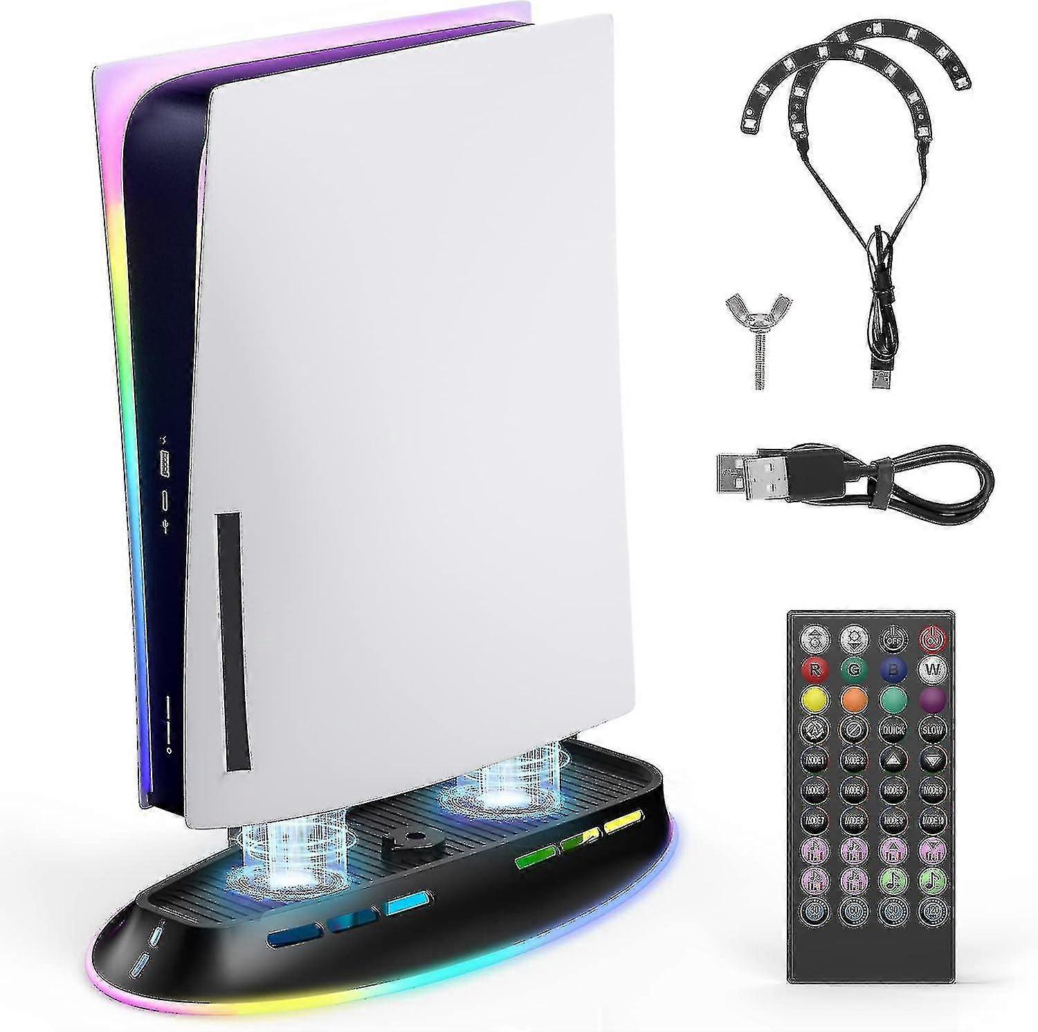 Auniq PS5スタンド、Playstation 5ディスク/デジタル版用冷却ファンとRGB LEDライト付き、PS5冷却ステーションPS5ファンクーラーシステムPS5垂直ベース