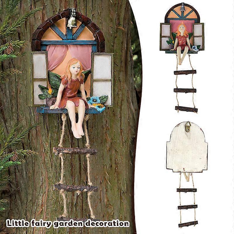 Garden Fairy Statue Ornament with Ladder Decor Resin Cartoon Hanging Decoration for Outdoor Elf Sitting on the Window New