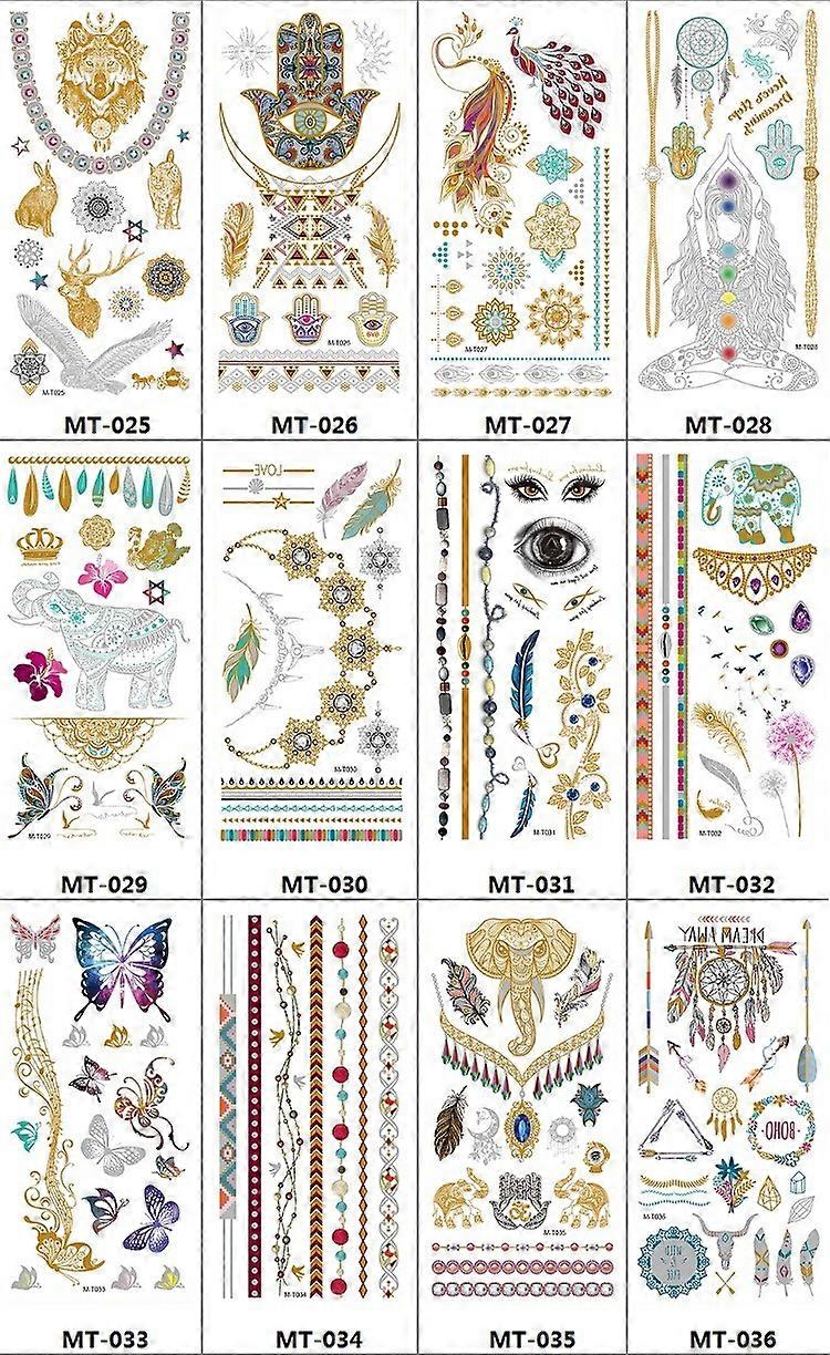 12pcs Μεταλλικά Προσωρινά Τατουάζ Χρυσά Ασημένια Προσωρινά Τατουάζ Glitter Shimmer Σχέδια
