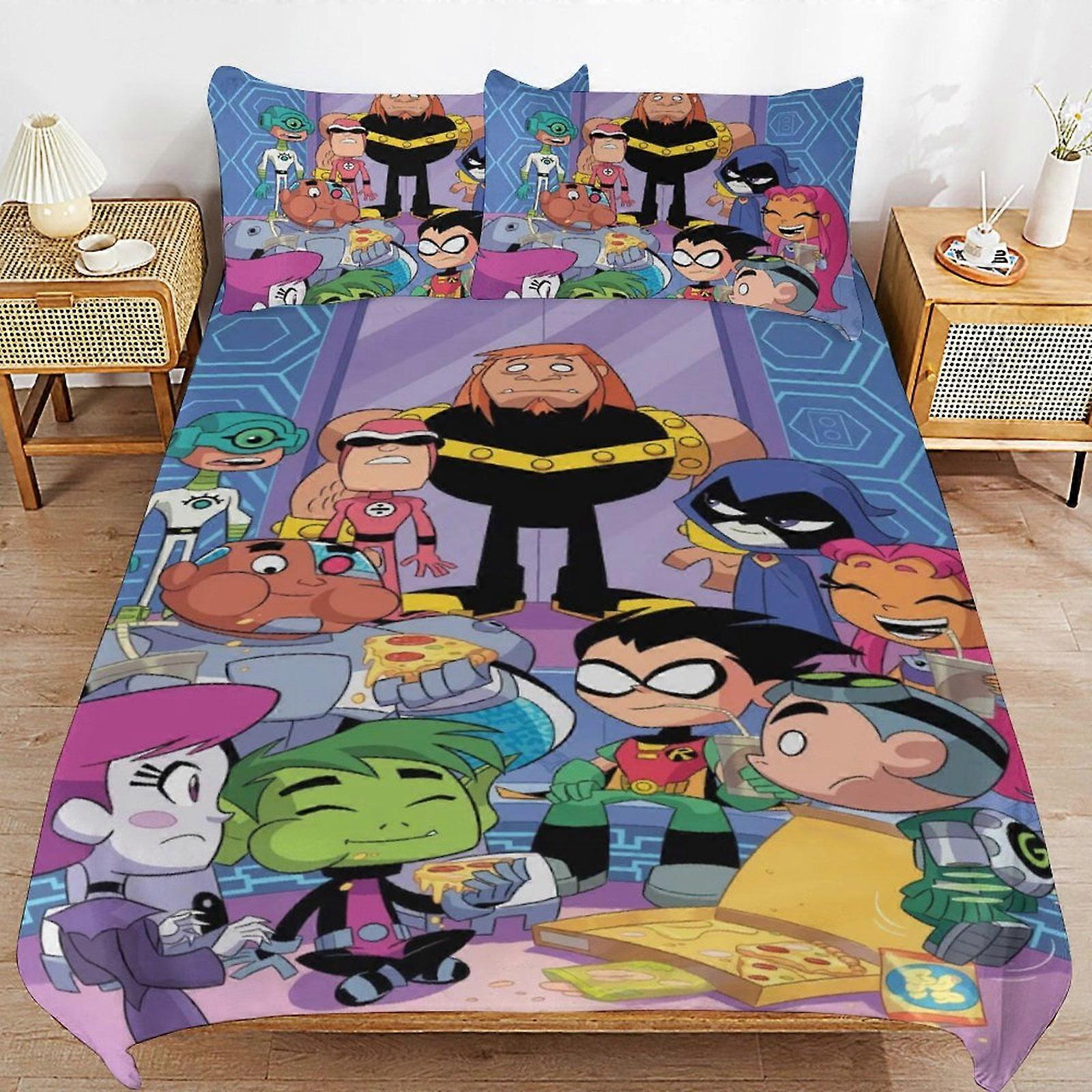 v2928 Lakan Sängkläder Tonåring Titans Go Cartoon Sängkläder Uppsättningar Ultra mjuk hudvänlig påslakan 3 delar, söt täcke täcke sängset för pojkar flicka