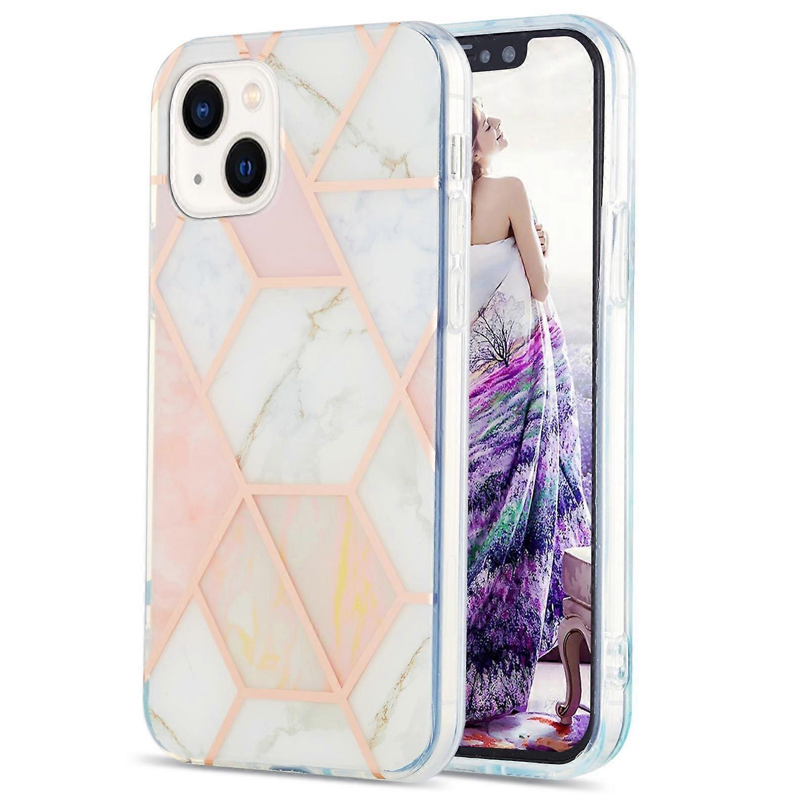 For iPhone 14 Plus Electroplating Splicing Marble Flower Pattern Dual-side IMD TPU Shockproof Phone Case