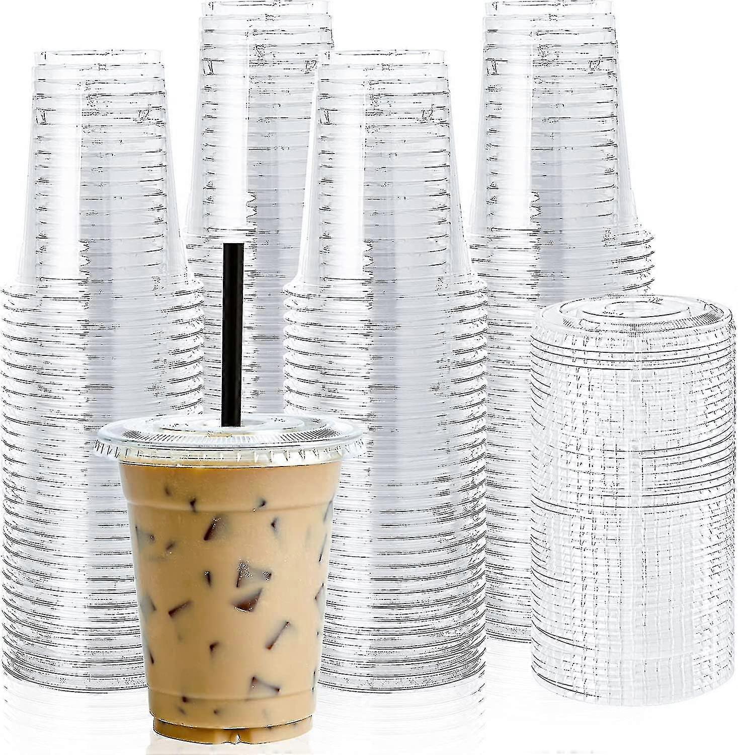 12oz Clear Plastic Cups with Flat Lids - Pack of 100 - Ideal for Ice Coffee, Smoothies, Slurpees, and Cold Drinks
