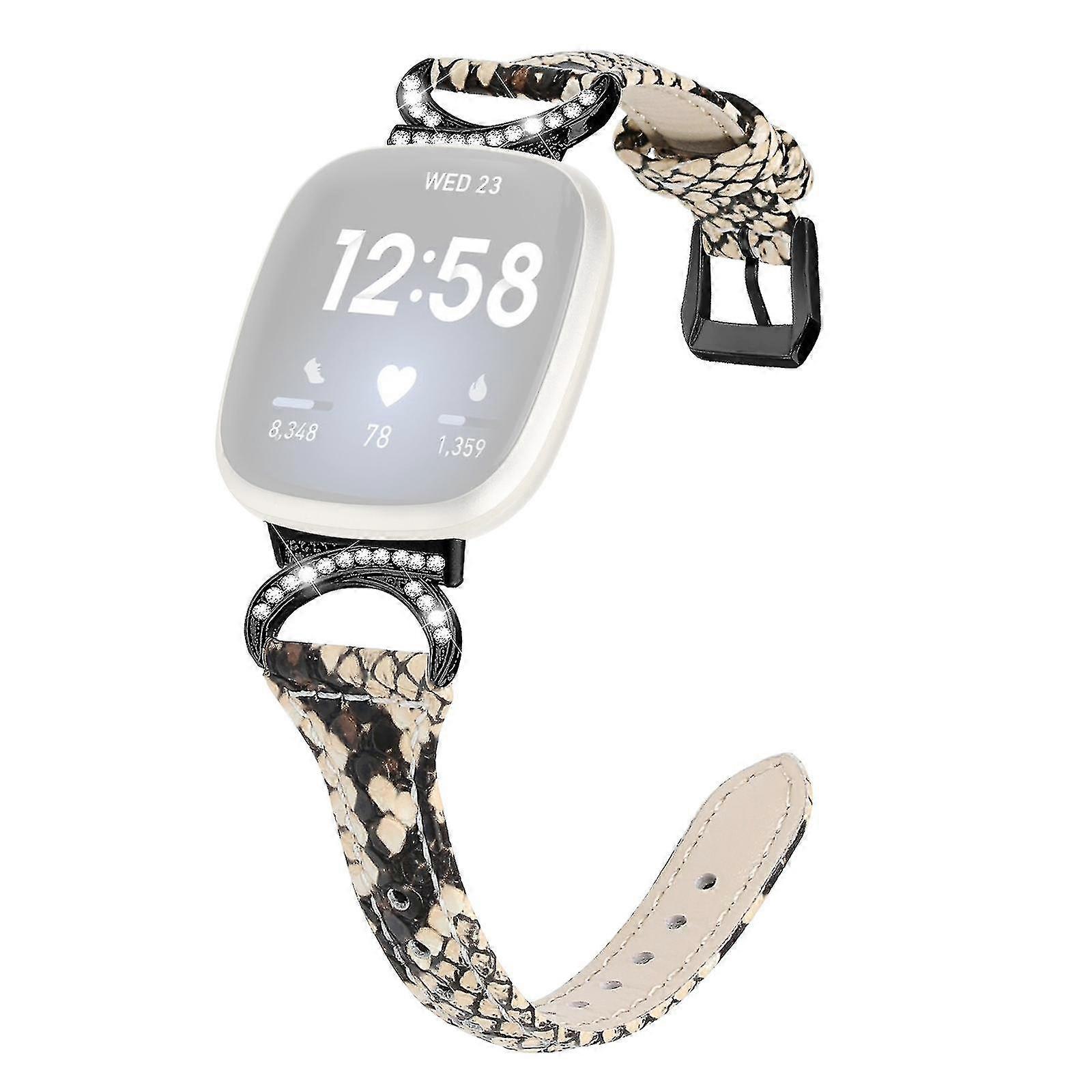 For Fitbit Versa 3 Versa 4 Sense Sense 2 Rhinestone Watch Strap Genuine Cowhide Leather Watch Band With Black Buckle - Black
