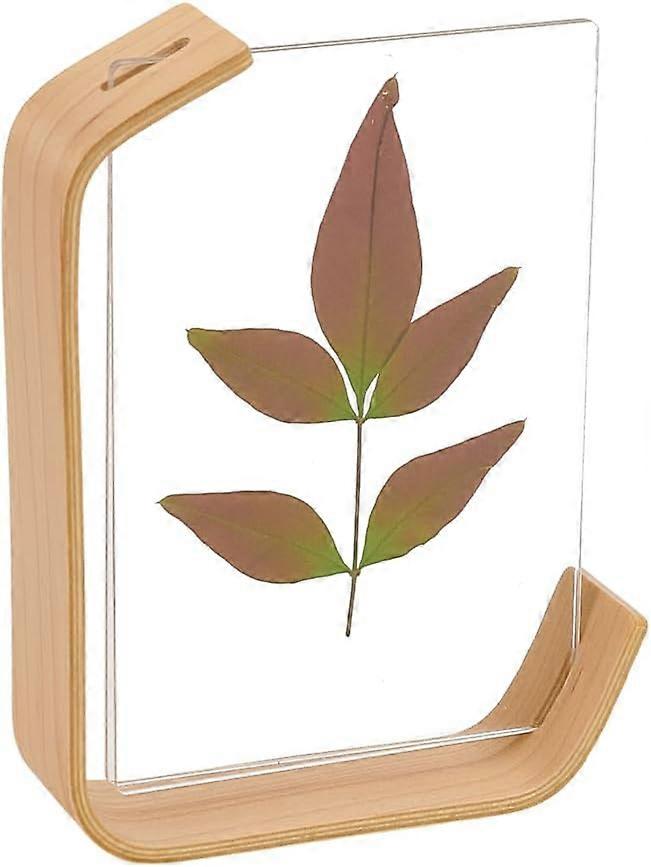 Double Side Dried Leaf Pressed Flowers Frame 6.3x4.9x1.4inch Acrylic Plant Specimen Frame Wheat Color Wooden C-Shaped Floating Display Stand for Dried