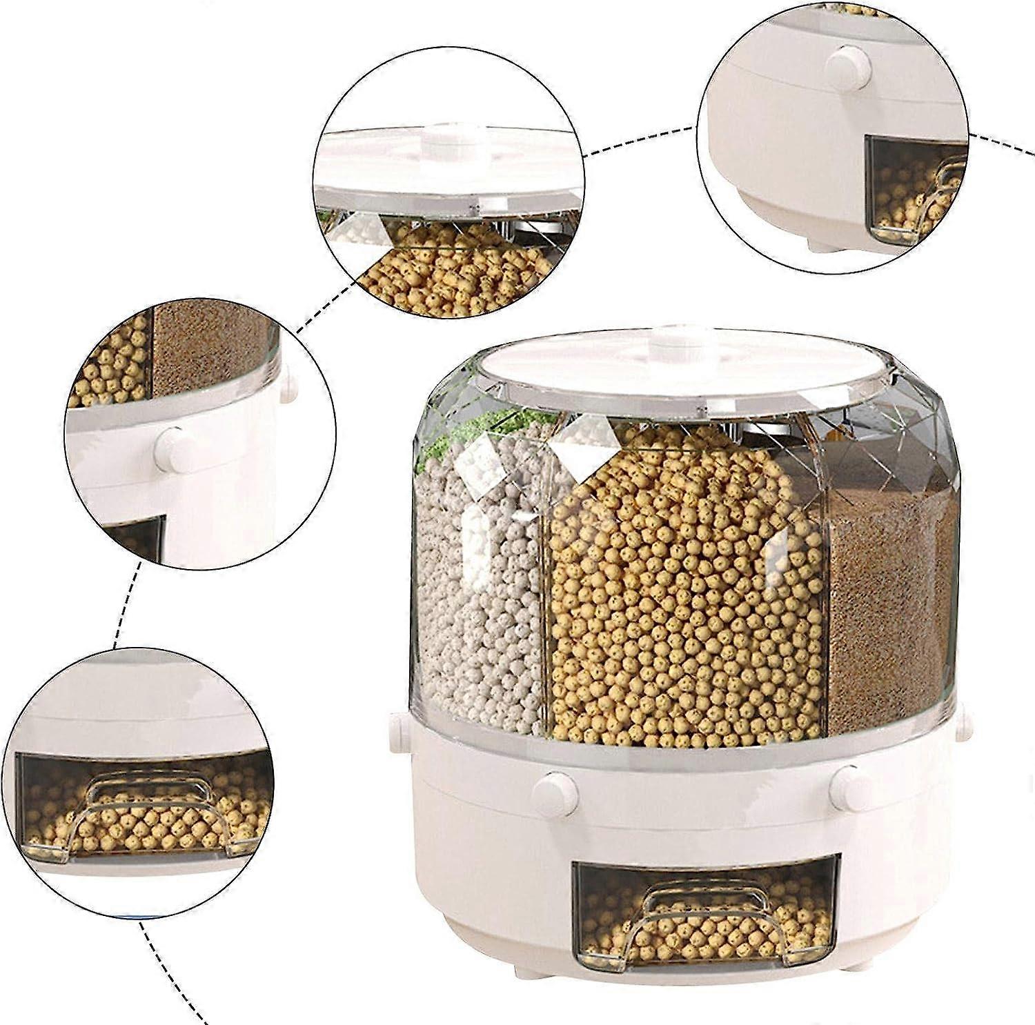 Rice Bucket Dispenser, 6-Grid Cereal Rotating Bucket, 360-Degree ...