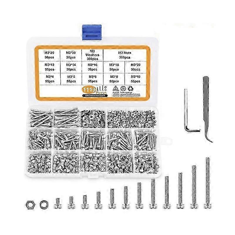 M3 Stainless Steel Screws Nuts Washers Assortment Kit with Hex Wrenches, 1100 Pcs Hex Socket Button