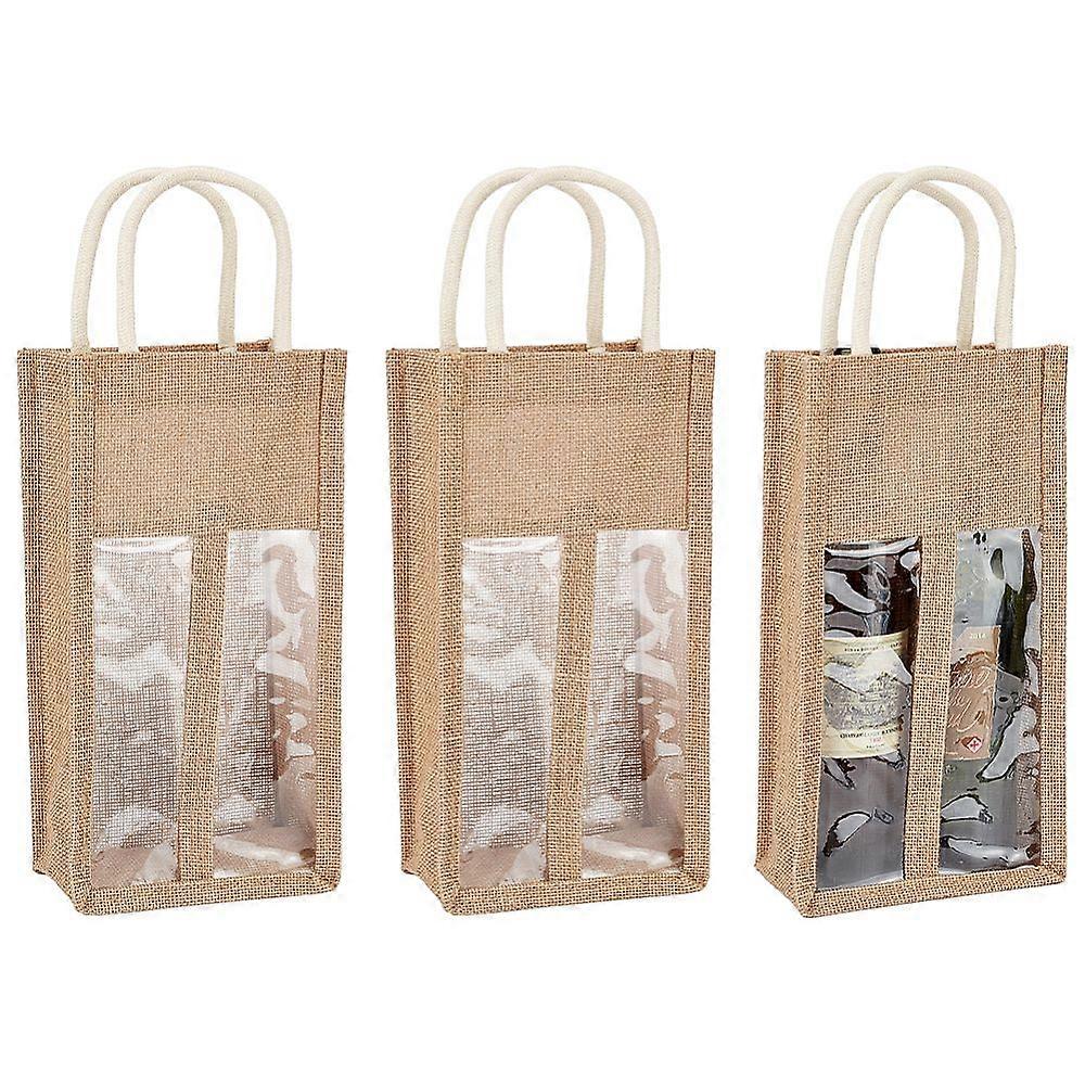 Jute Wine Storage Drawstring Pouches with PVC Clear Window Wine Glass Storage Gift Bags Rectangle Camel 44.5x17.5x10.5cm