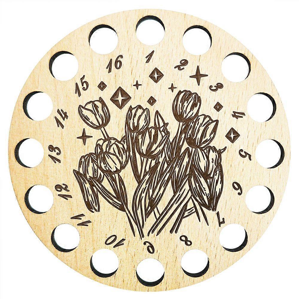 Wooden Winding Plate Board Card 16-Holes Floss Bobbins Organizer with Number Sign Tulips Pattern Circle Thread Holder for Embroidery Cross Stitch Croc