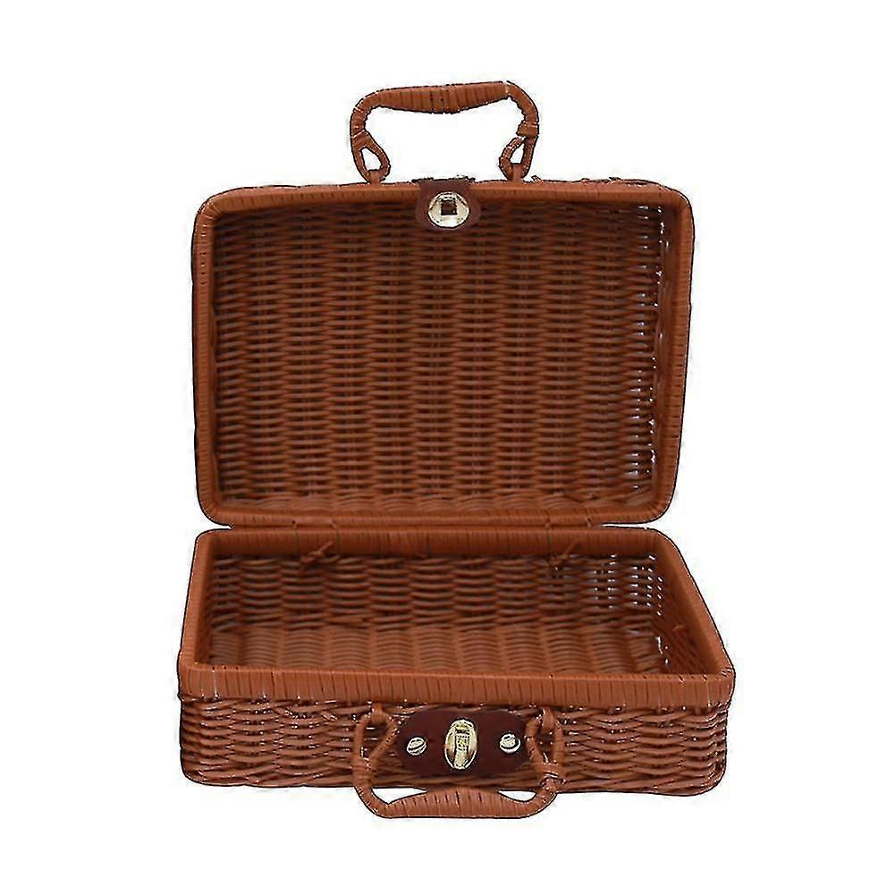 Square Handwoven Picnic Basket Rattan Storage Box With Handle Vintage