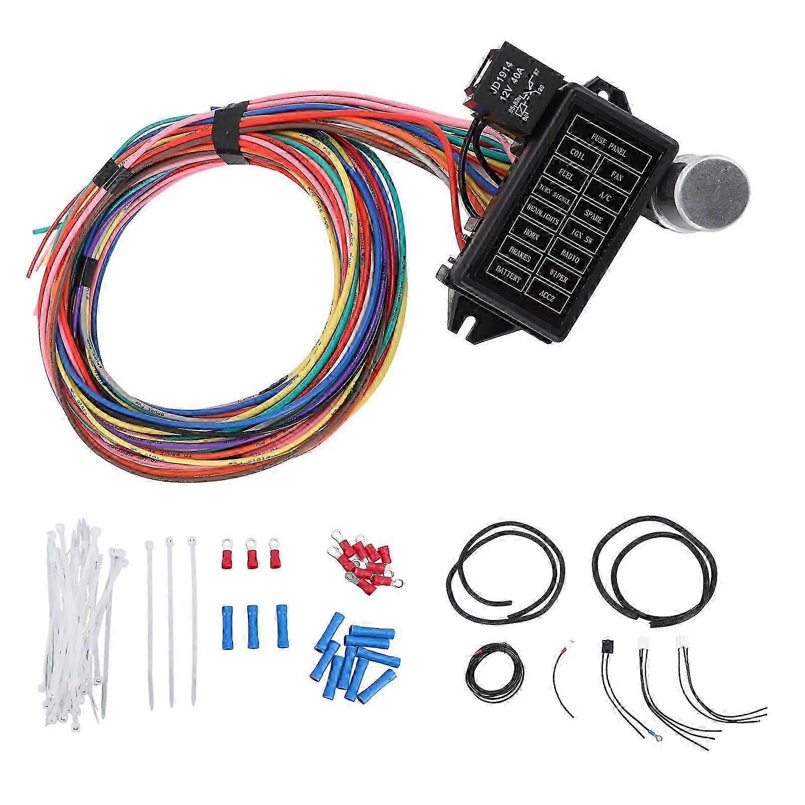 Kit di cablaggio a 14 circuiti con fusibili Protezione elettrica Collegamento stabile sicuro per auto d'epoca