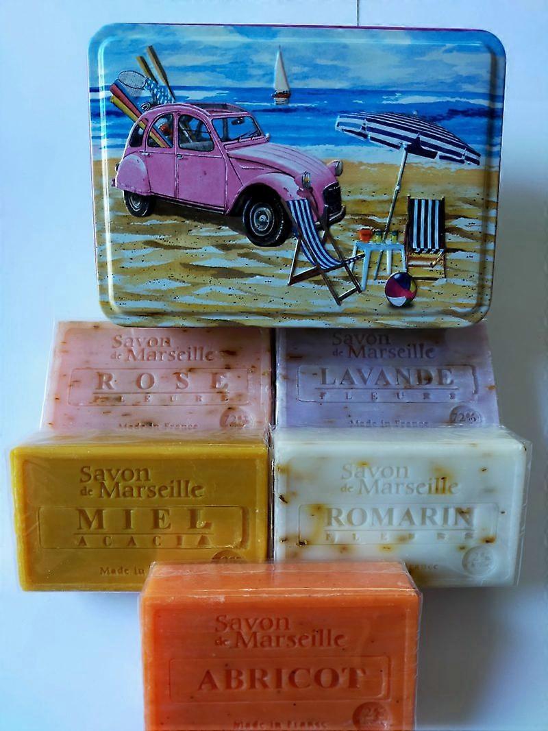 Metal soap can with print 2CV à la plage with 5 soaps in the scents lavender, rose, honey, roosmari