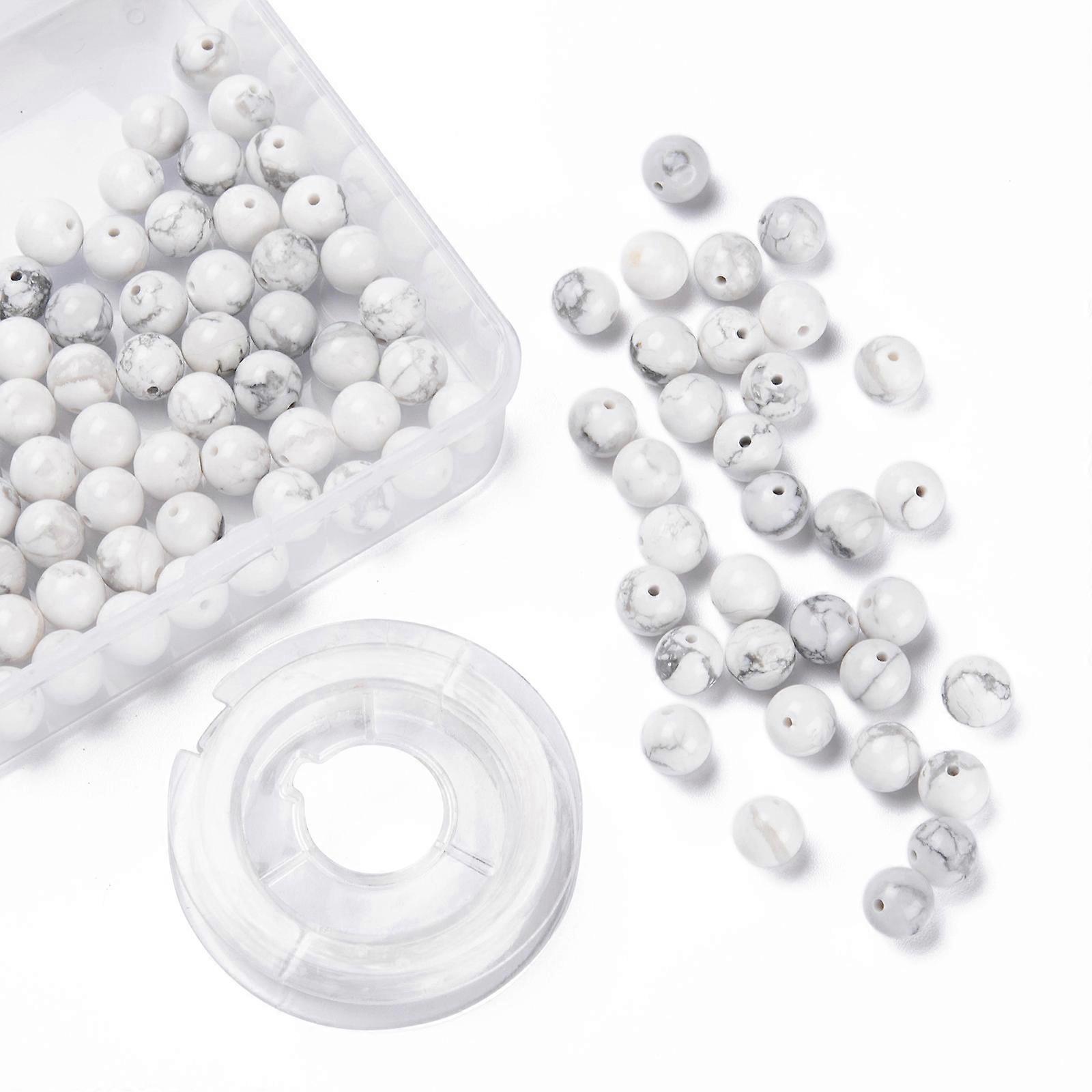 100Pcs 8mm Natural Howlite Round Beads, with 10m Elastic Crystal Thread, for DIY Stretch Bracelets Making Kits