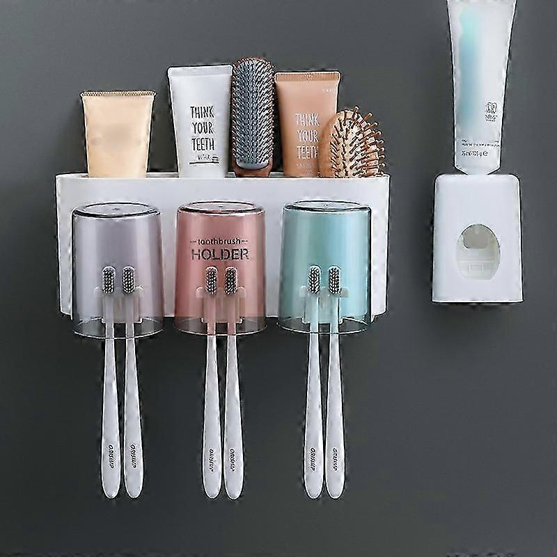 Toothbrush Toothpaste 3 Cup Holder Wall Mounted Organizer Bathroom Storage