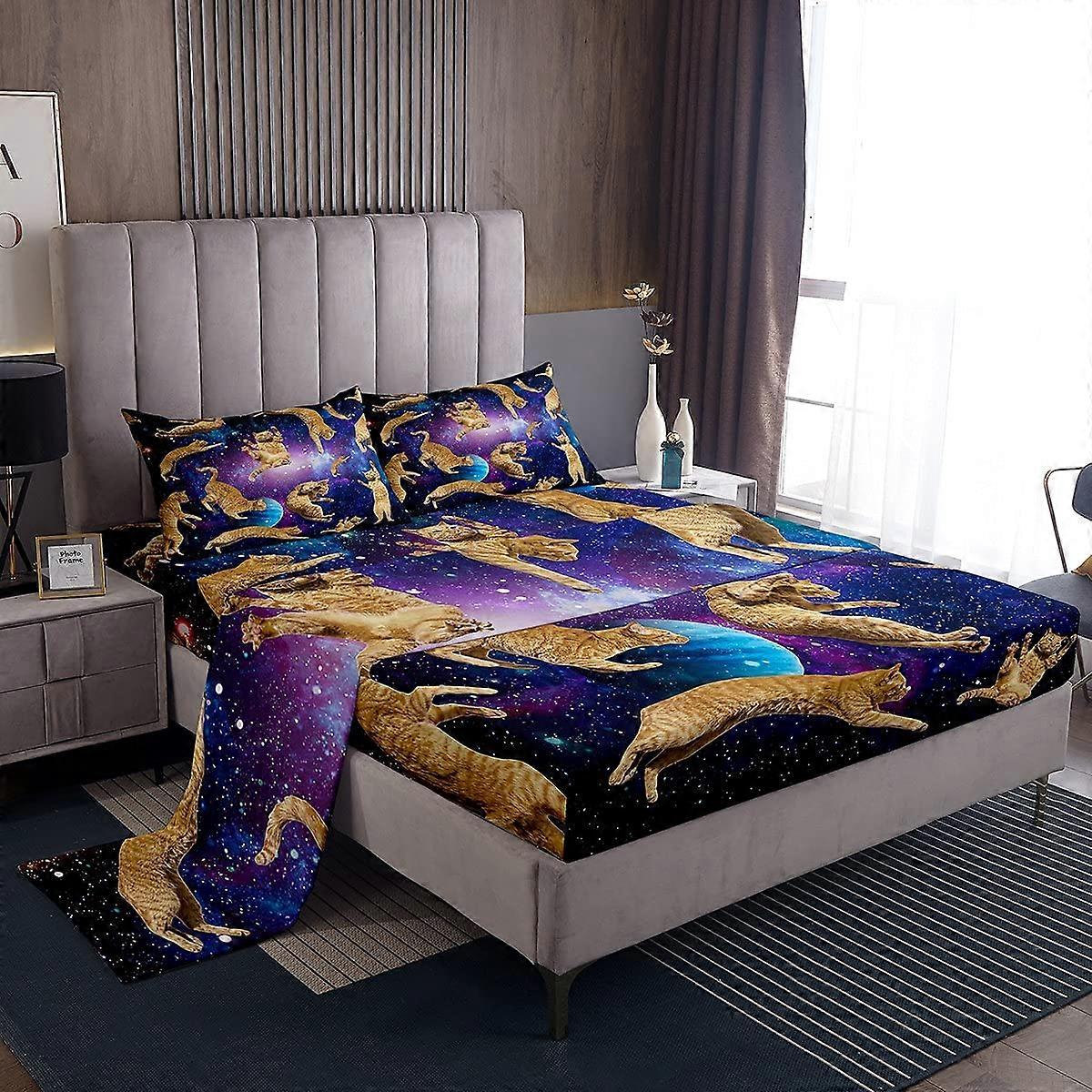 Cats Bed Sheets Twin Size Galaxy Cat Sheet Set for Kids Boys Girls Planet Theme Cute Animal Design 3-Piece Collection