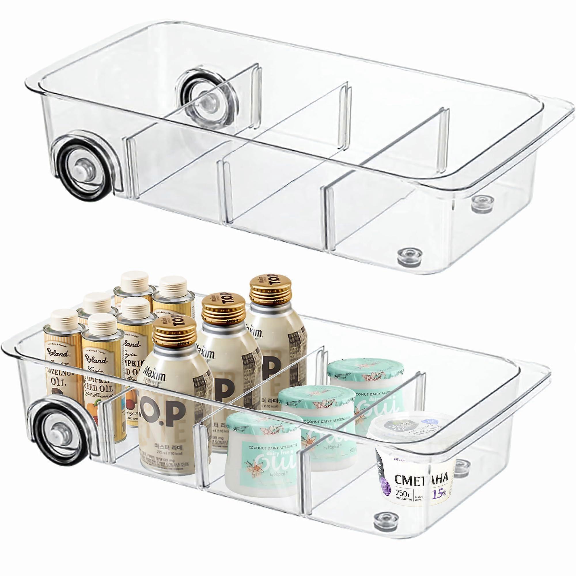 Divided Rolling Refrigerator Tray 2-Pack Clear Roll-Out Fridge Caddy With Wheels Veggie Pantry Bins Under-Sink Organizer