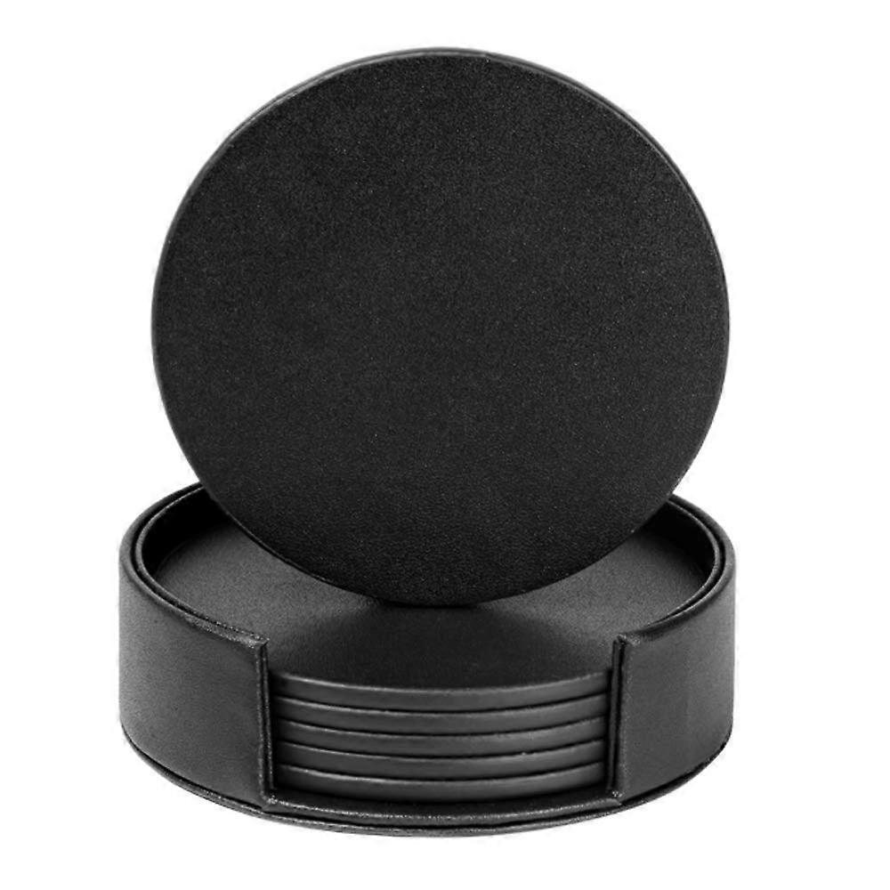 Drink Coasters Set Of 6 Leather Coasters Spill Protection For Tables And Desks Durable Non Slip 4 Inch Round Black For Glass Cups And Mugs