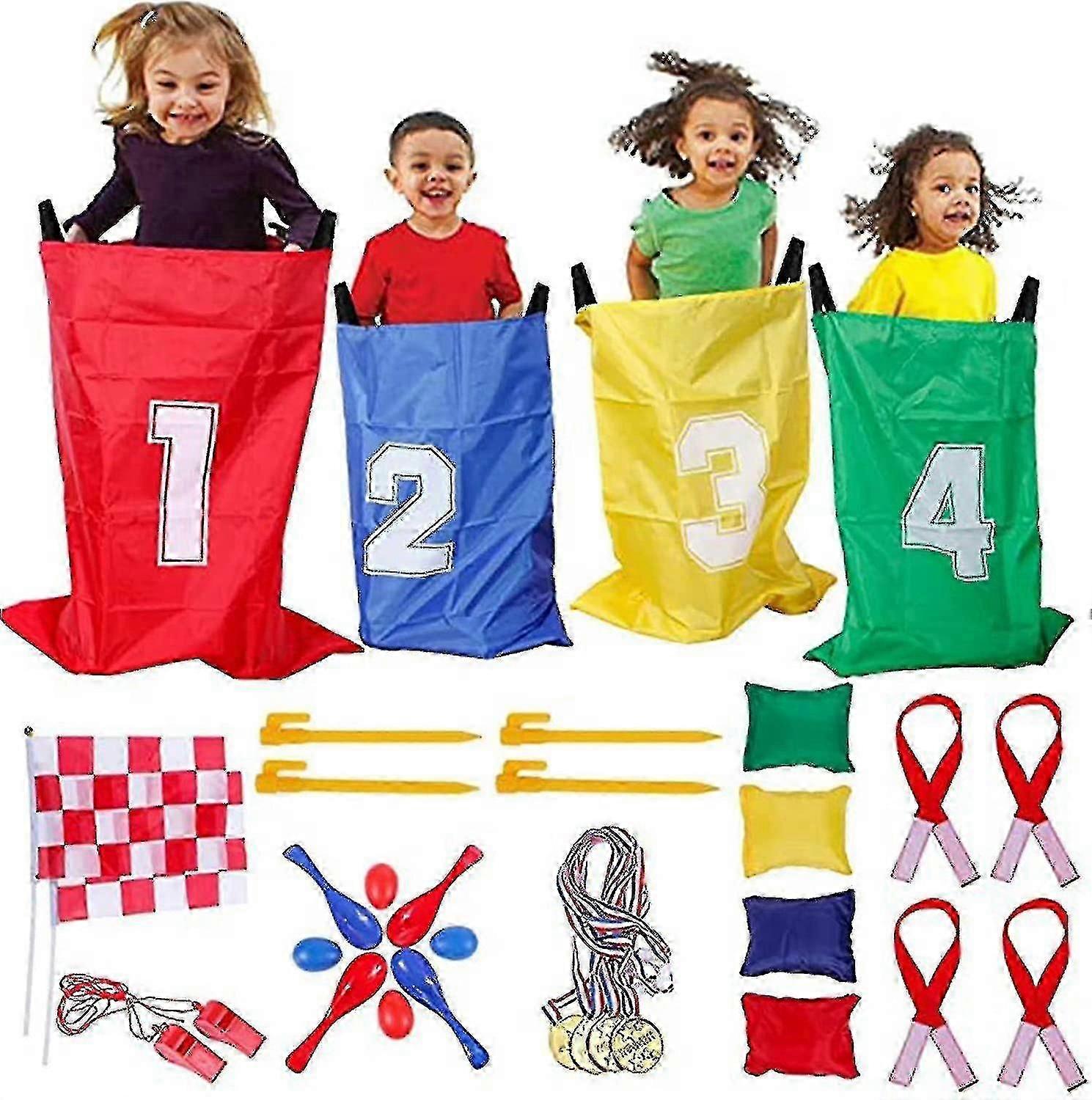 32pcs 4 في 1 مجموعة من لوازم ألعاب اليوم الرياضي ، 3 سباق أرجل ، لعبة رمي كيس الفاصوليا ، سباق كيس ، سباق البيض ، ألعاب عائلية داخلية ، ألعاب في الهواء الطلق ، أيام رياضية