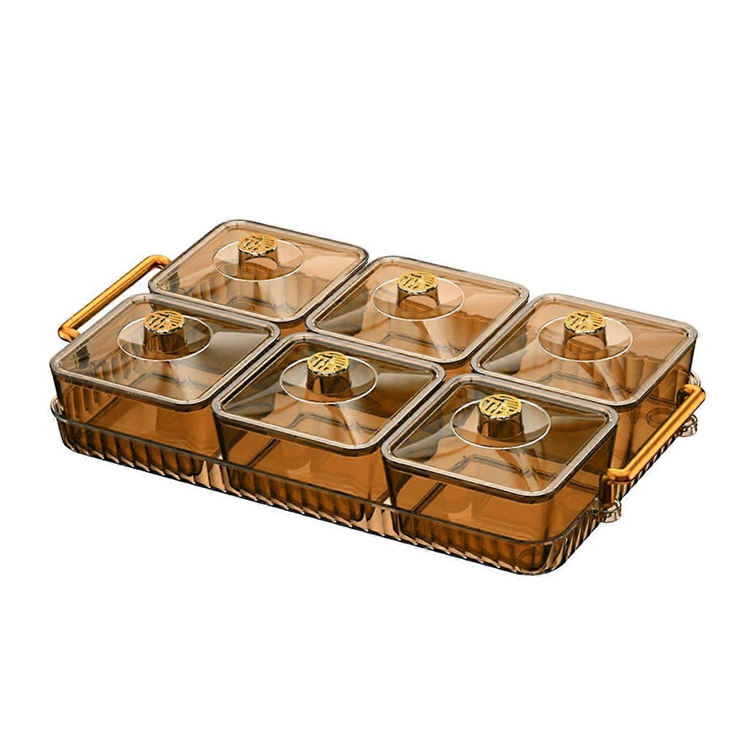 Appetizer Candy Nuts Serving Bowl Storage Box With Lid Tray Divided Serving Tray 6 Compartments Brown