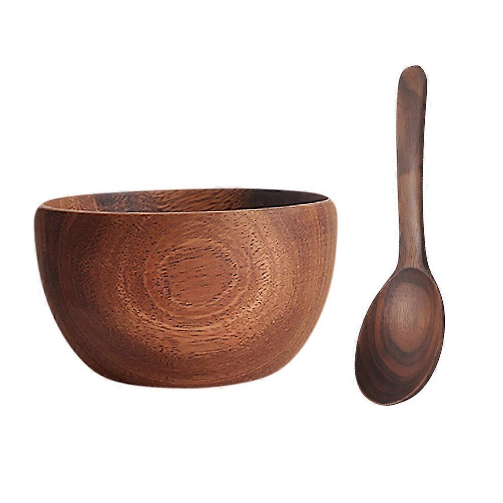 2pcs Wooden Serving Bowl Fruit Salad Bowl Home Storage Snack Bowl with Wood Spoon