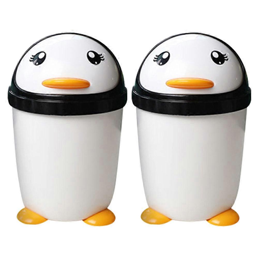 2pcs Penguin Trash Can for Sturdy Plastic Desktop Wastebasket with Swing Lid – Cute Garbage Bin for Bedroom, Office, Car, Home Use with Stable Base