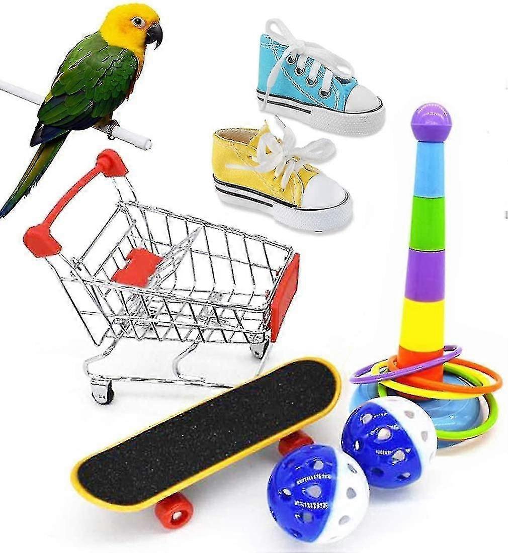 Mini Shopping Cart for Parrots - 7pcs Training and Playing Toys (Color Random) Suitable for Various Parrot Breeds