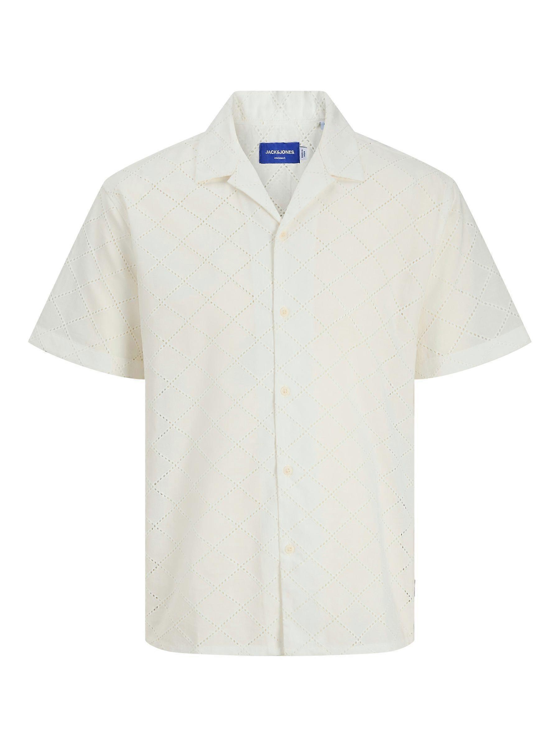 Men's short sleeve shirt with geometric hole pattern and button placket.
