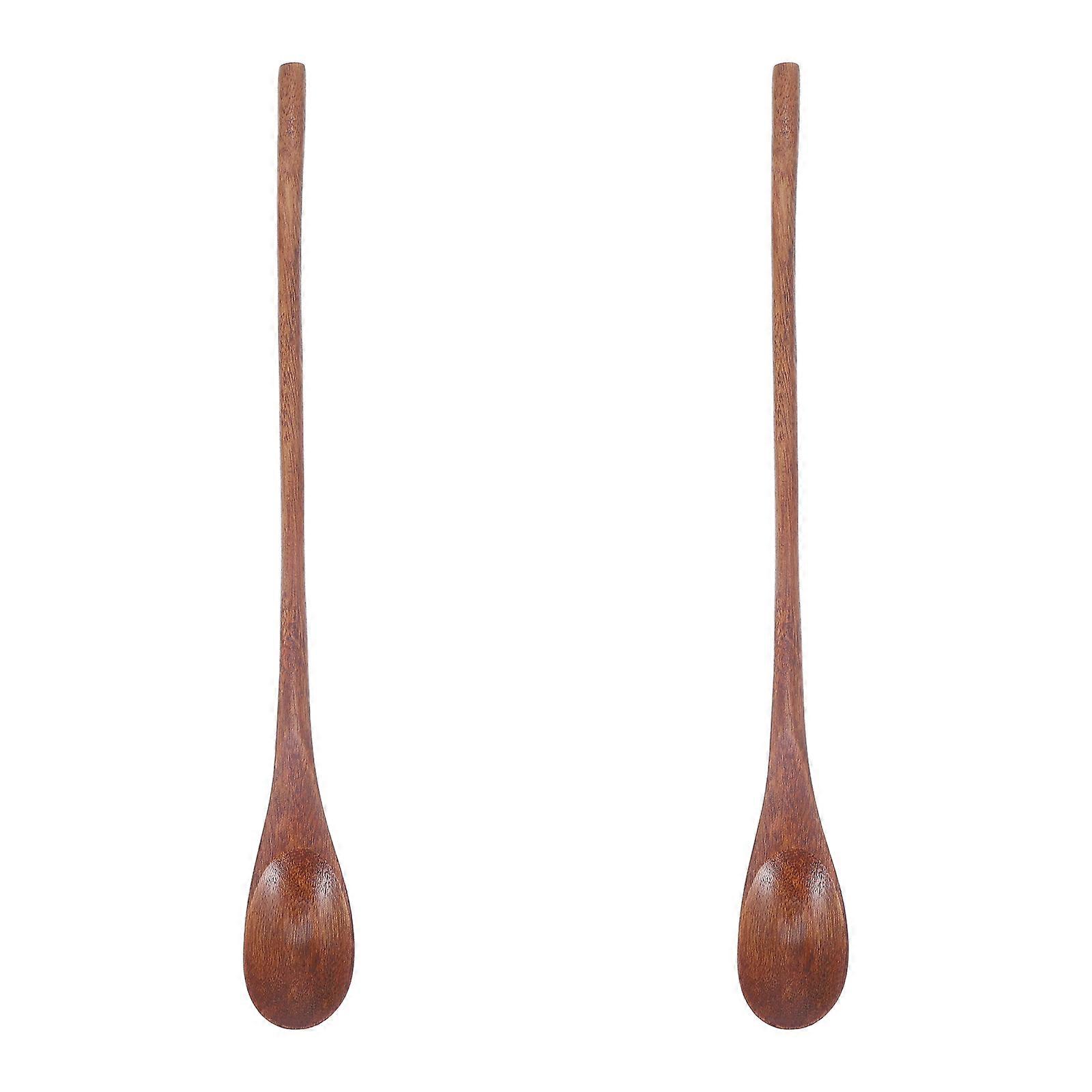 Long Handle Wooden Mixing Spoons Set of 2 Rustic Stirring Spoons with Smooth Polished Surface, Dishwasher Safe Kitchen Utensils
