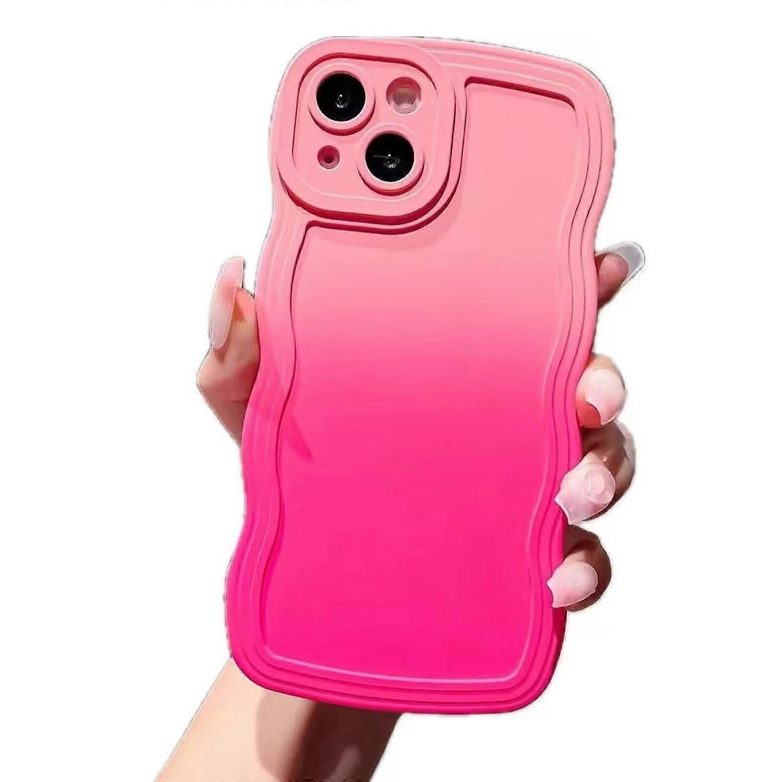 Gradient Wavy Edge Case For iPhone 14 Pro Anti Slip Grip Shockproof Soft TPU Bumper Pink Rose Red