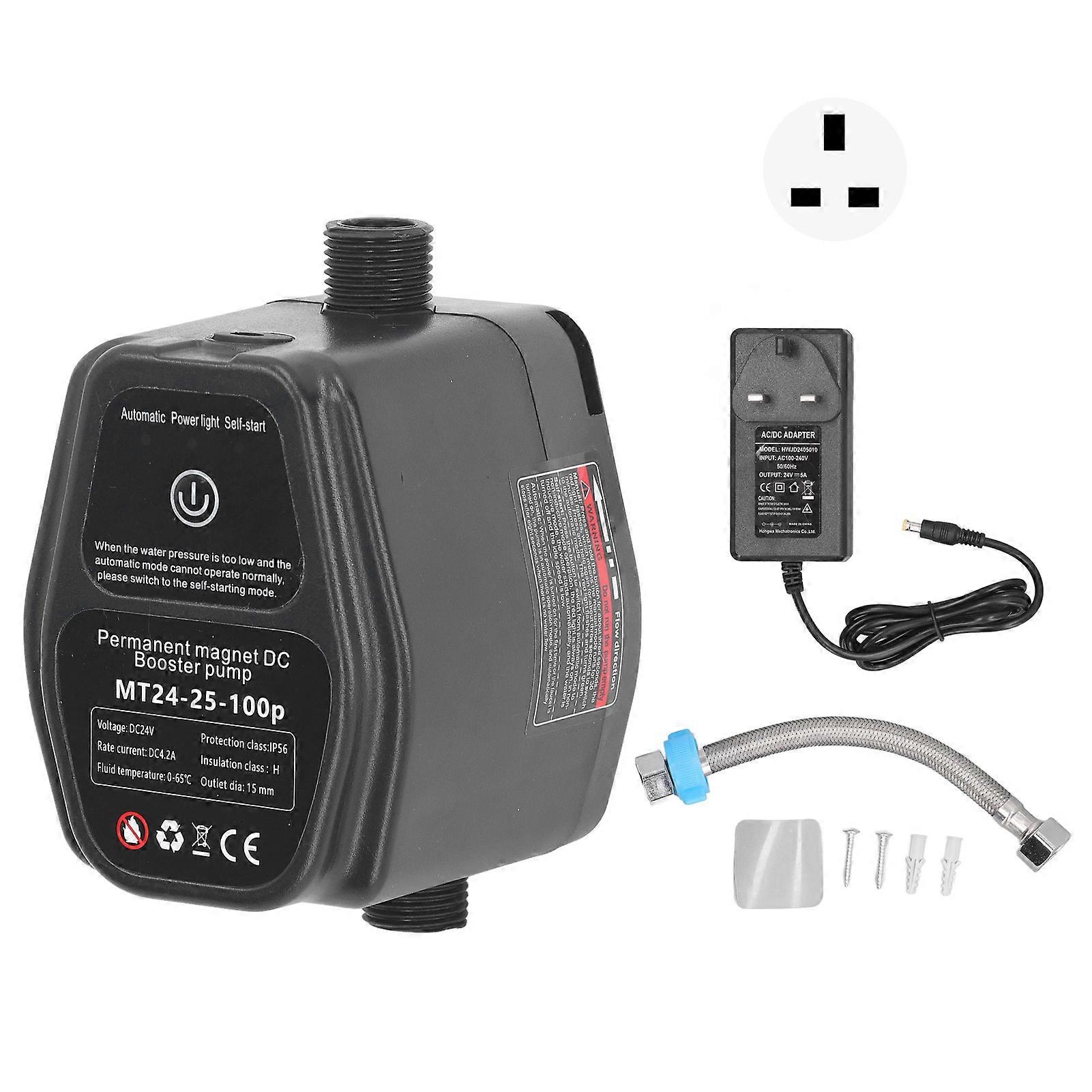 Booster Pump Brushless DC Motor Automatic Permanent Magnet for Home Hose Irrigation 100W 24V Black 100‑240V UK Plug