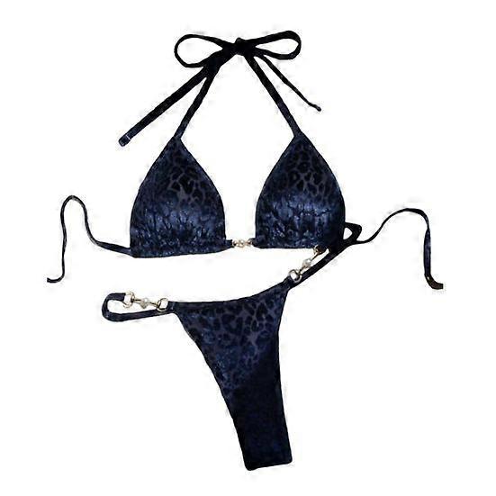 2Pcs/Set Women Sexy Bikini Set Leopard Print Halter Bra Faux Pearls Briefs Set Quick Drying Swimsuit
