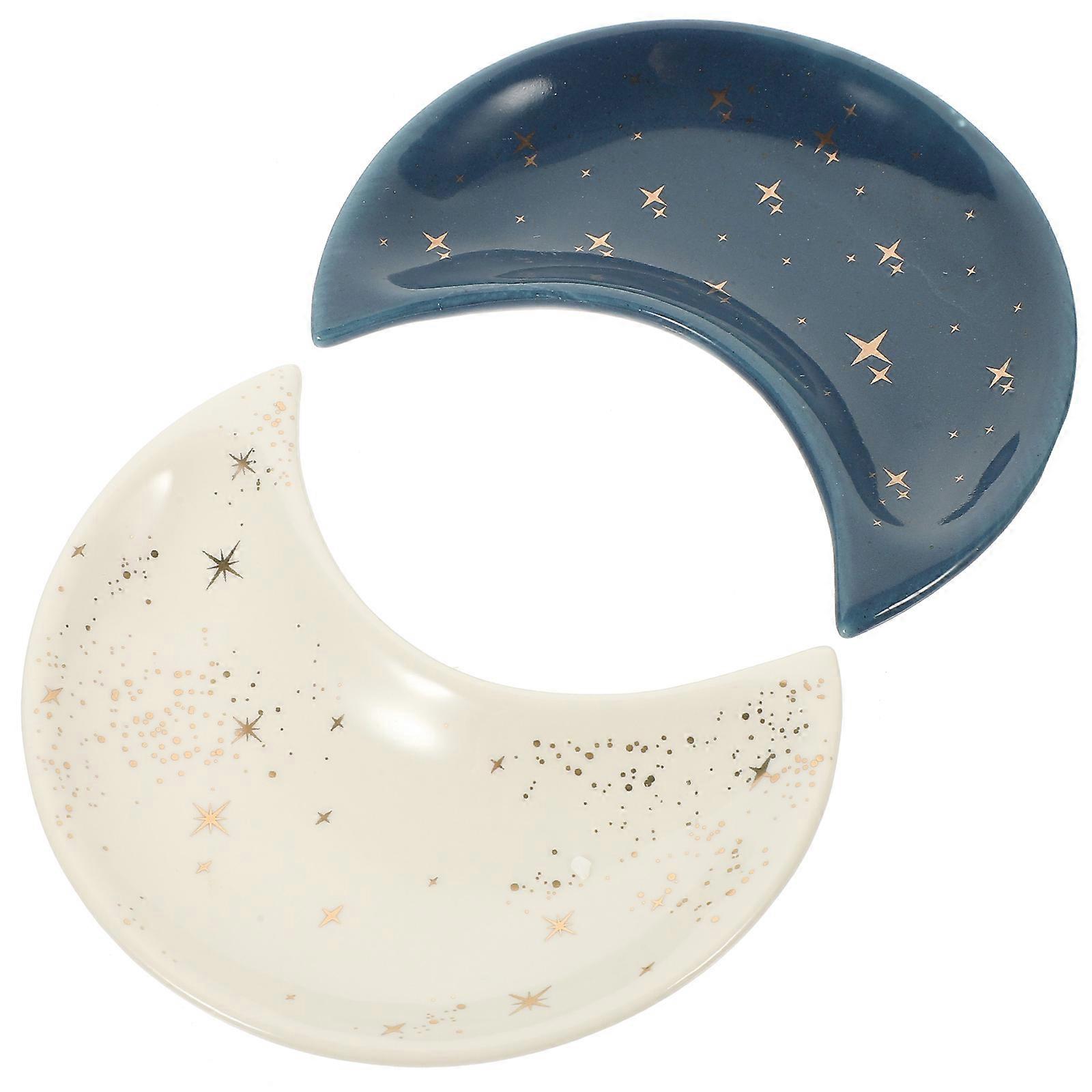 2pcs Ceramic Jewelry Holder Moon Shape Trinket Storage Plate, Decorative Dish for Vanity Desk Organizer
