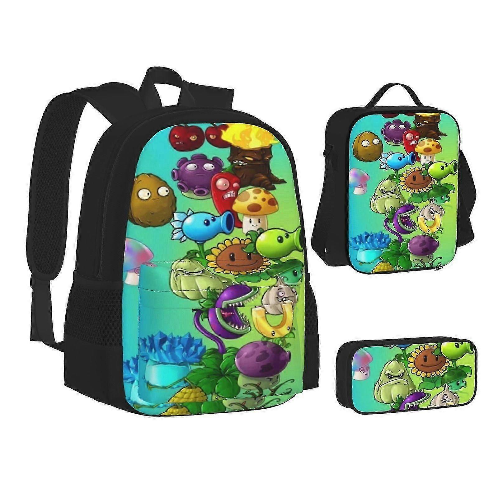 Spacious Plants vs Zombies Backpack Set with Lunchbox & Pencil Case for Students