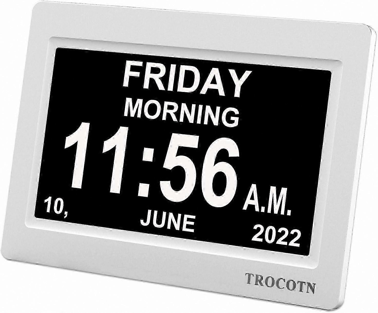 White 7 Inch Digital Clock with Date, Weekday, and Calendar Display