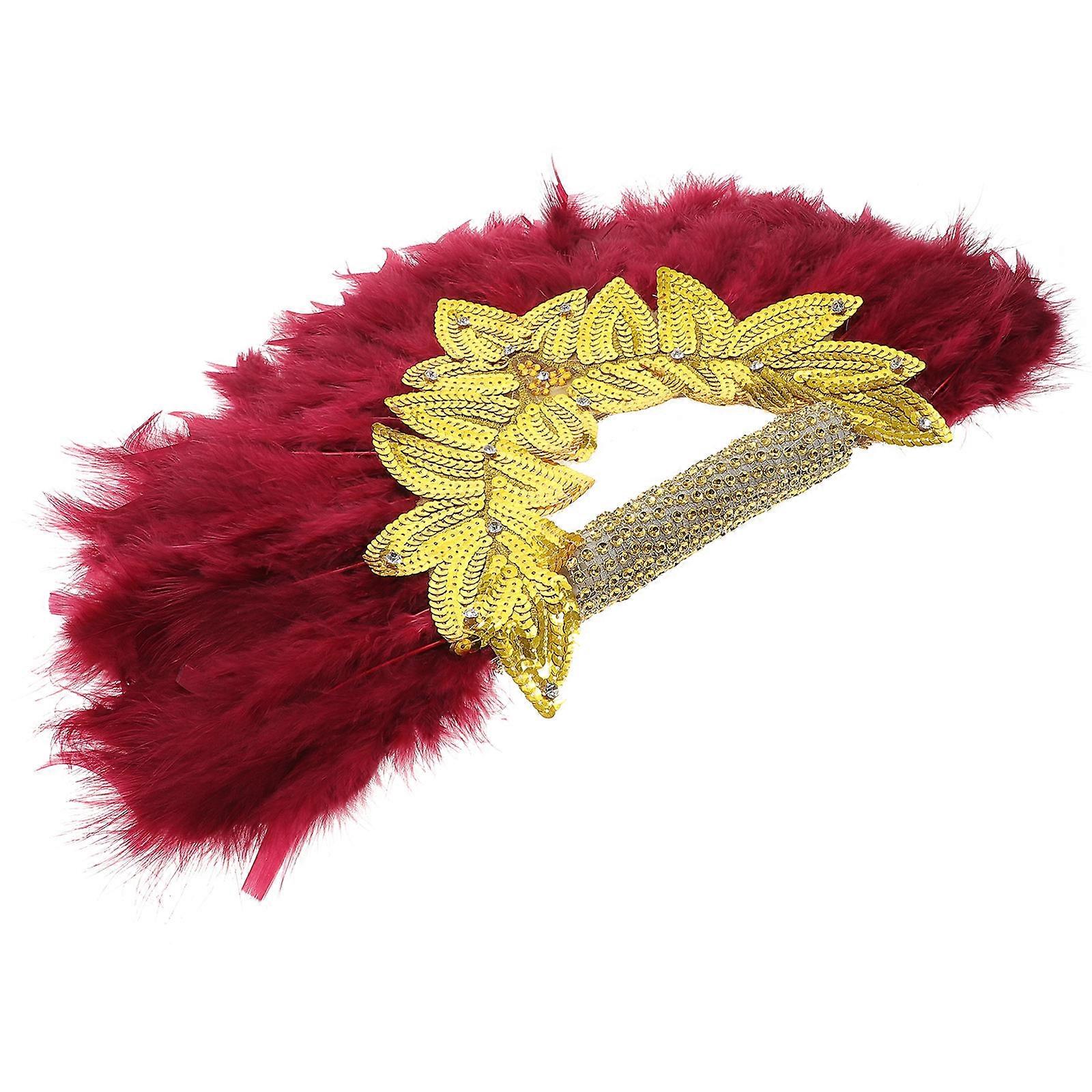 Gold Lace Plume Fan Hand Held for Cooling Use Dark Red 1 Piece Bride Hand Fan
