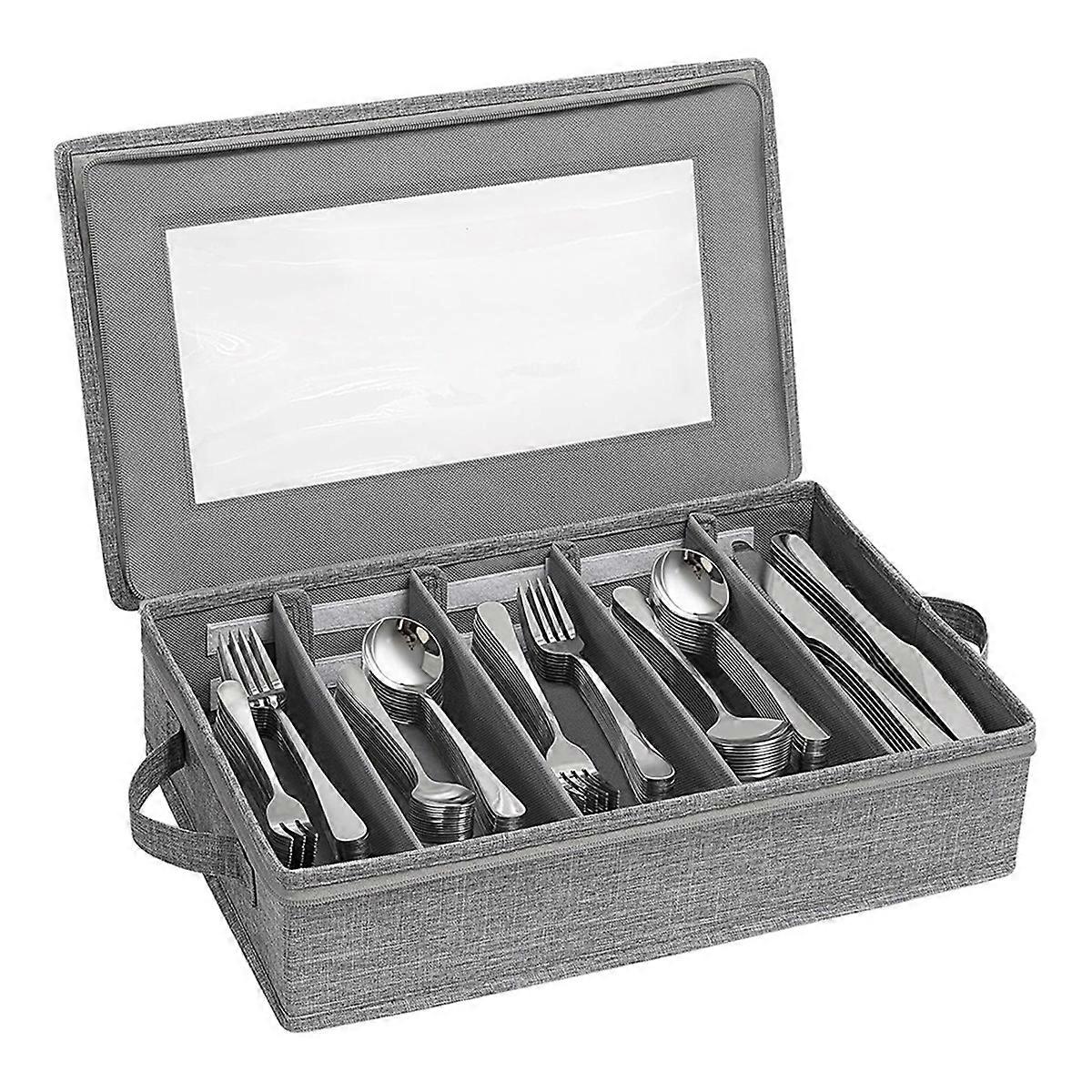 Silverware Storage Box,Flatware Organizer with Zipper Lid, 5 Compartment Cutlery Case with Adjustable Divider and Handle