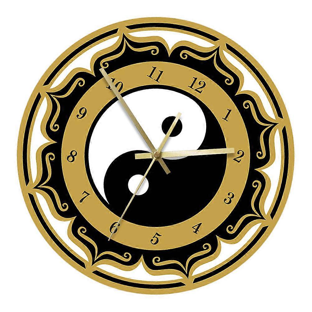 Hanging Wall Clock For Home Office School With Tai Chi Pattern 30x30cm Light Brown Traditional Style Timekeeping 1Pack