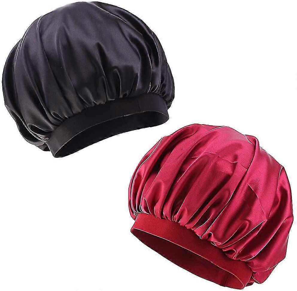 2pcs Satin Bonnet Elastic Wide Band Hat for Sleeping