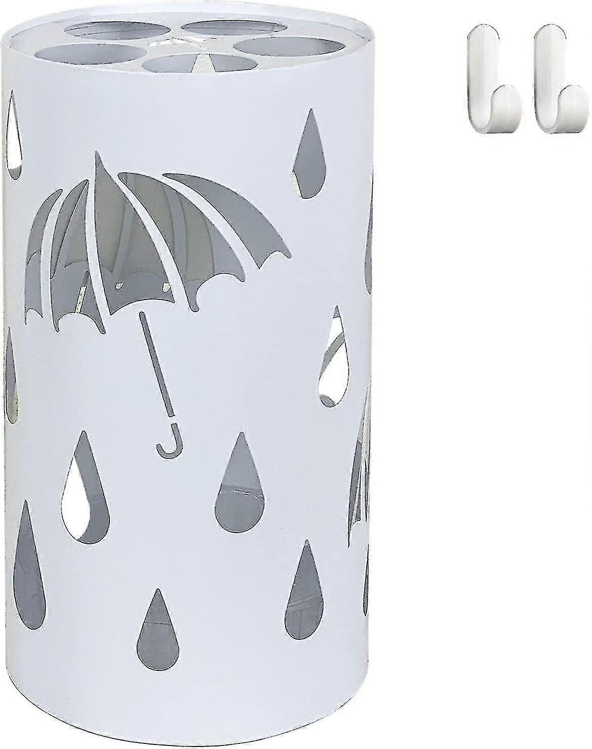 White Metal Umbrella Stand, Round Umbrella Stand, 35.5 X 21 Cm (h X ), 5 Holes, Removable Water Drip Tray, With Hook