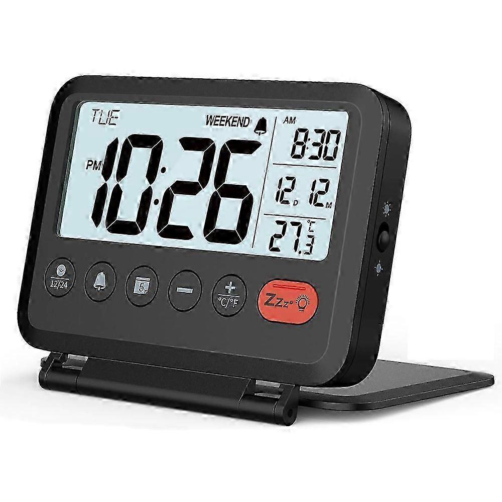 Travel Alarm Clock - 2 Level Backlight, 2 Volumes, 12/24H, Calendar, Temperature, Weekend Mode, Foldable Cover