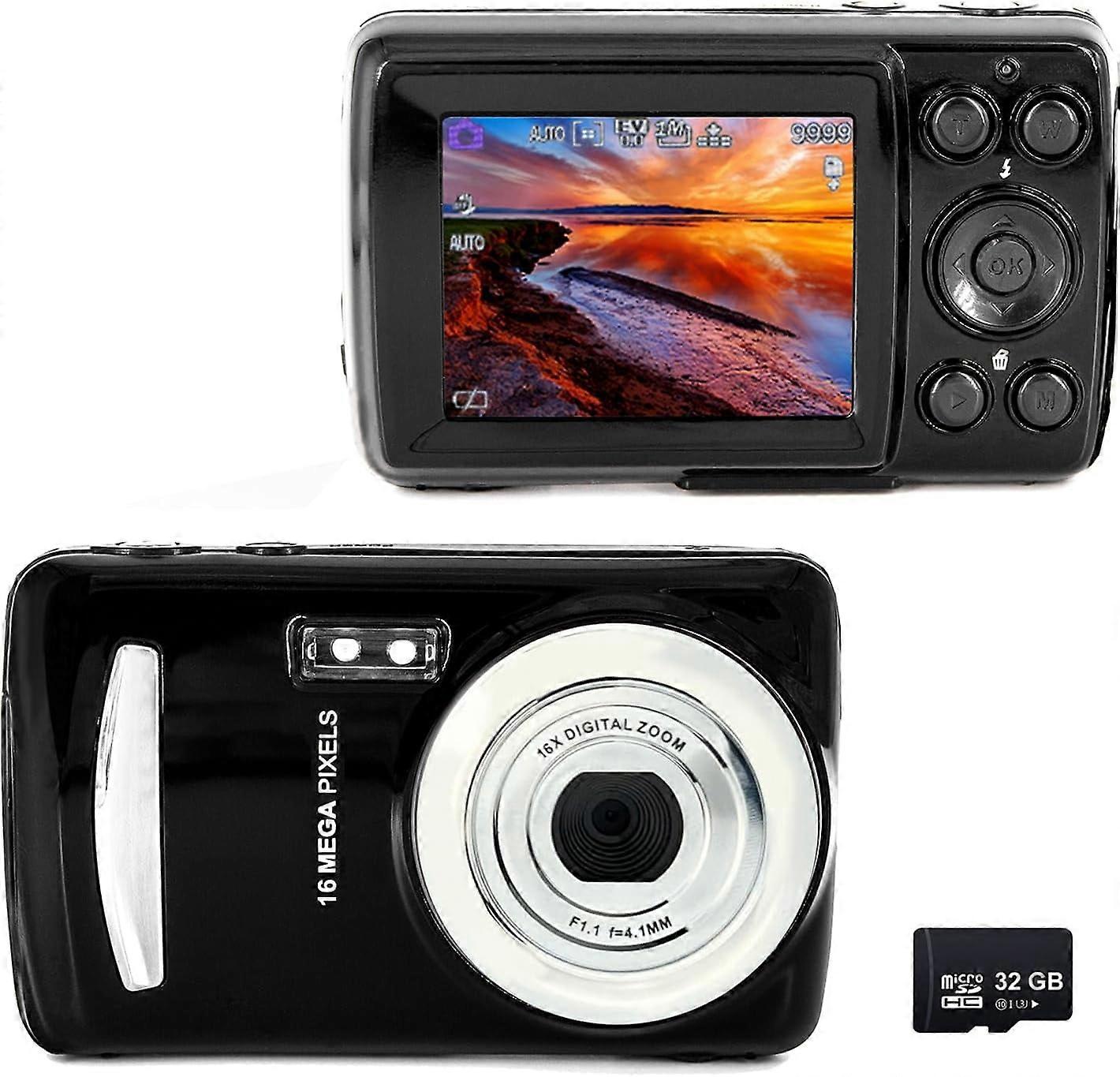 16MP Megapixel Compact Digital Photo and Video Camera with 2.4" LCD Screen, 32GB SD Card, Mic Input and USB